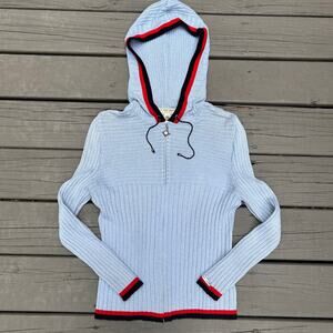 St John Sport Marie Gray Wool Blend Ribbed Zip Hoodie Sweater L Y2K Blue
